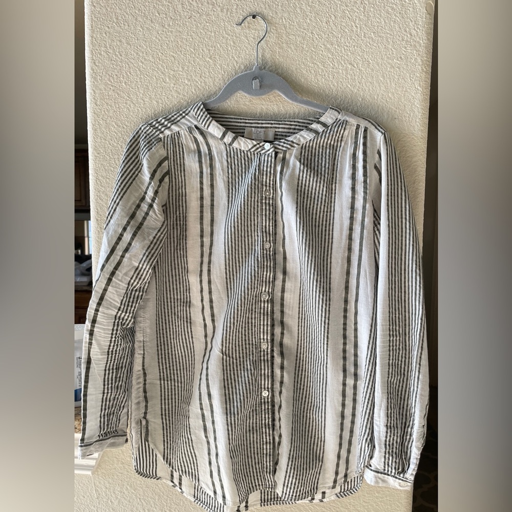 LOFT Collarless Striped Button Down Shirt 100% Cotton